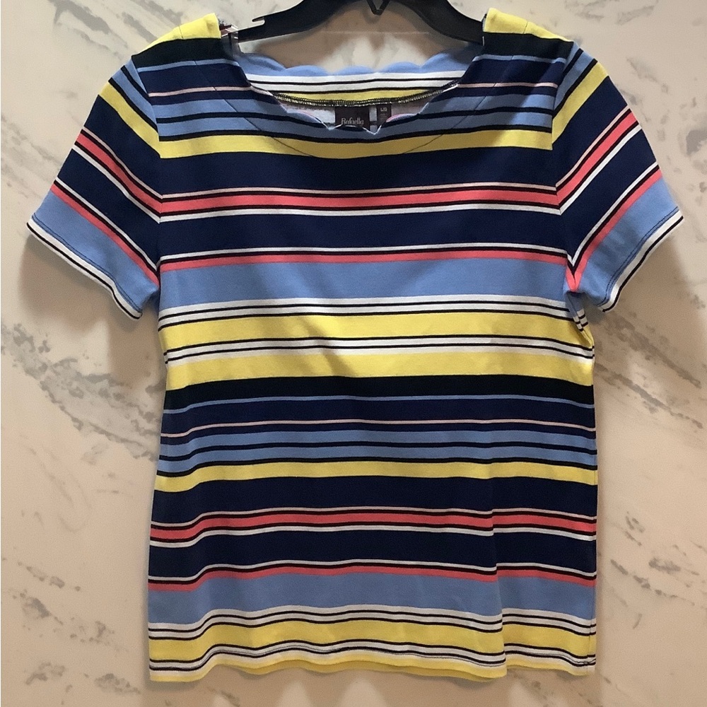 Rafaella Womens Size L Striped 100% Cotton Knit Top Scalloped Neckline Shirt